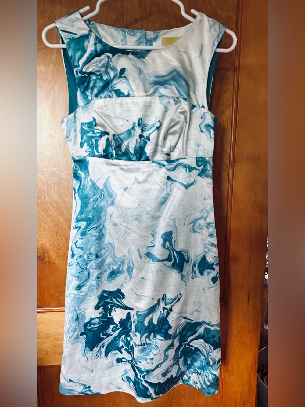 Maeve Teal and White Strapless Marble-Print Sheath Dress